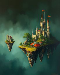 Explore a vibrant and atmospheric realm with this classic oil painting. The artwork depicts a colorful kingdom of floating is
