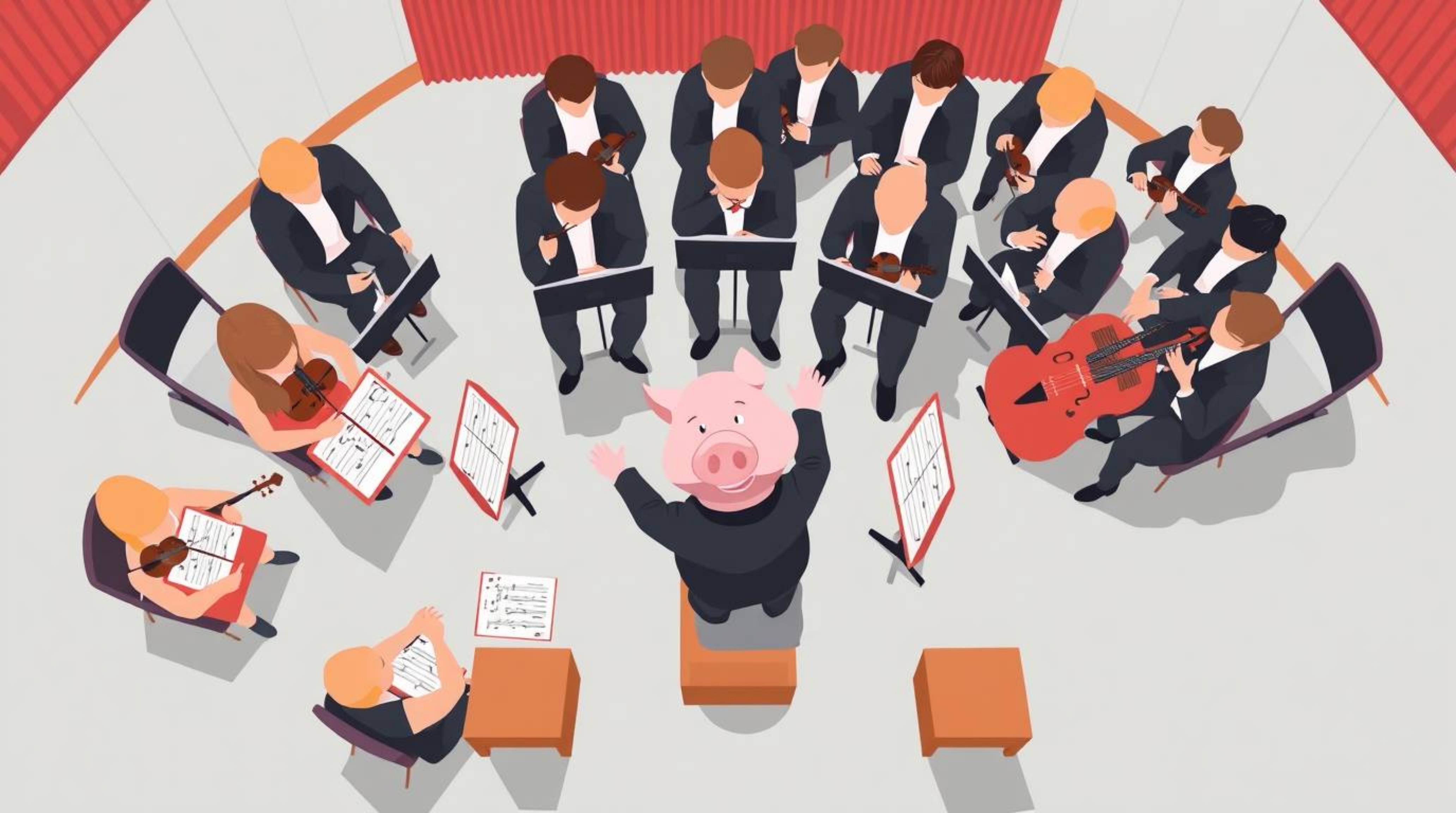 A whimsical illustration showcases a pig conductor leading an orchestra from a unique bird's-eye perspective.  Rendered in a 