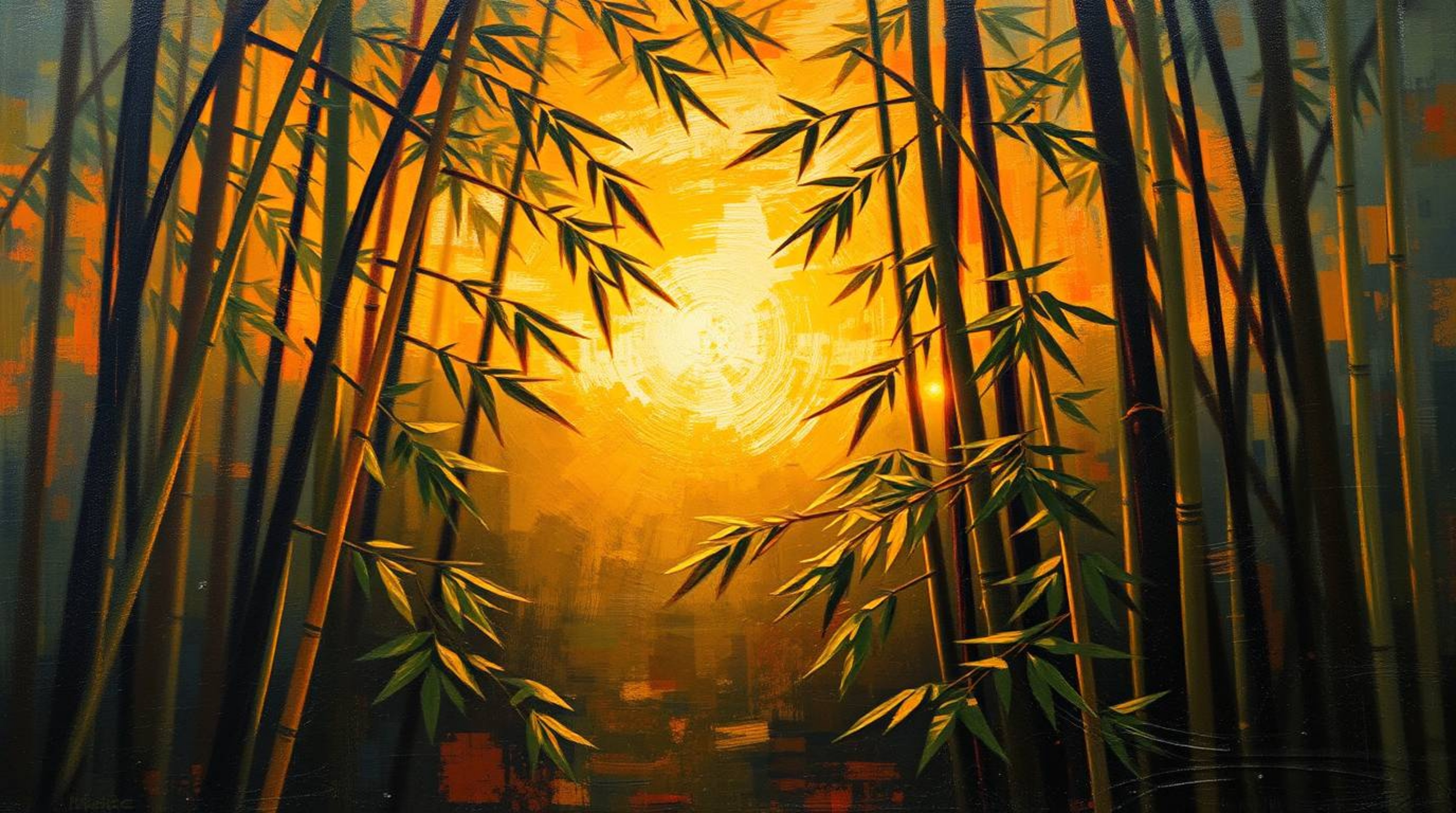 A vibrant oil painting captures a bamboo forest at sunset, showcasing dynamic motion through blurred lines and expressive bru