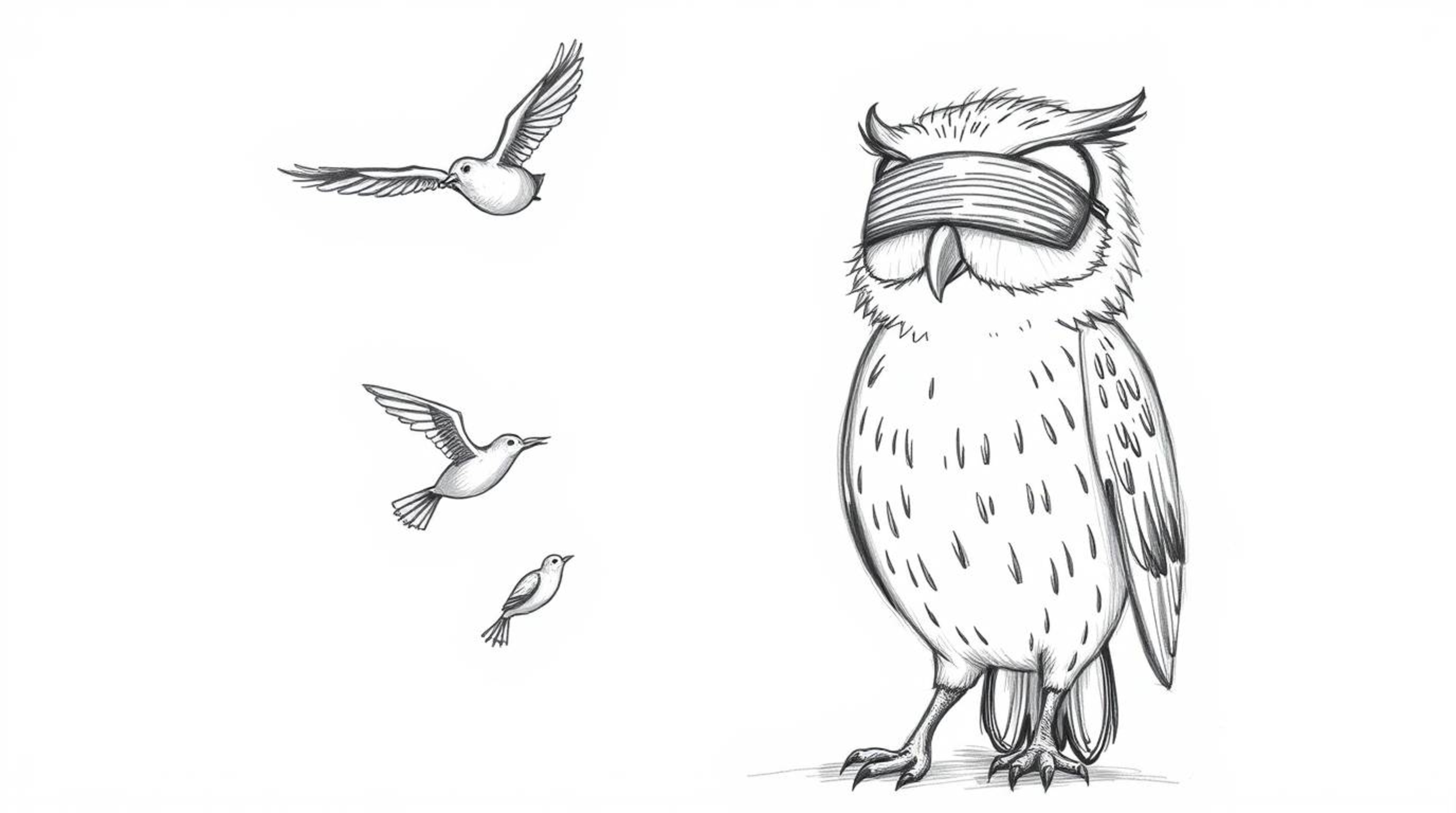 A whimsical, hand-drawn sketch in Pixar style portrays a blind owl calmly and authoritatively teaching birds how to fly. The 