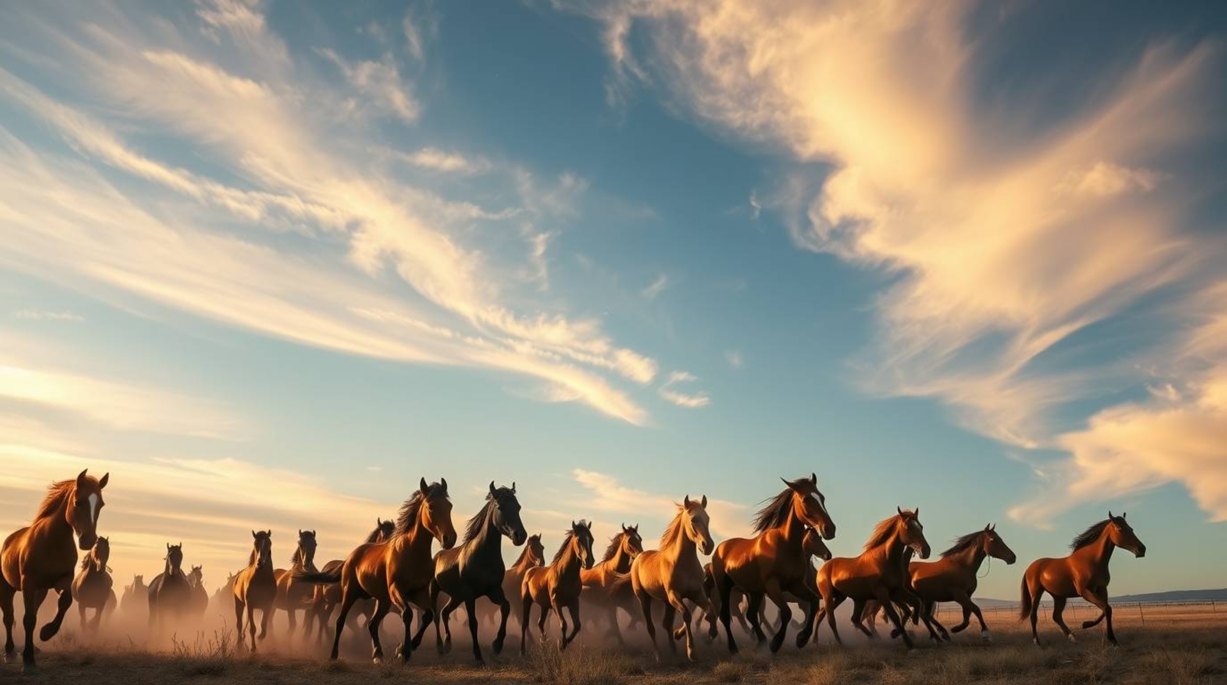 A stunning high-resolution commercial photograph captures a herd of wild horses in full gallop under a breathtaking, glowing 