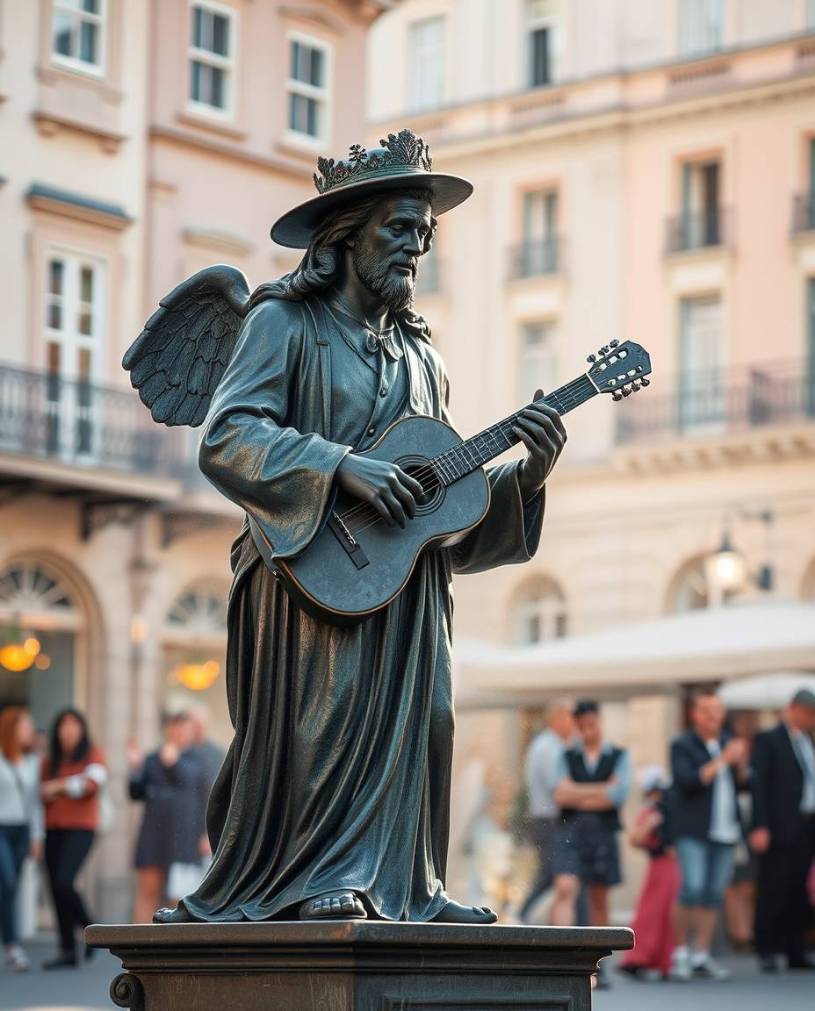 A captivating scene featuring a musical number in a bright town square, rendered in cast bronze with an antique patina. The a