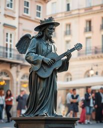 A captivating scene featuring a musical number in a bright town square, rendered in cast bronze with an antique patina. The a