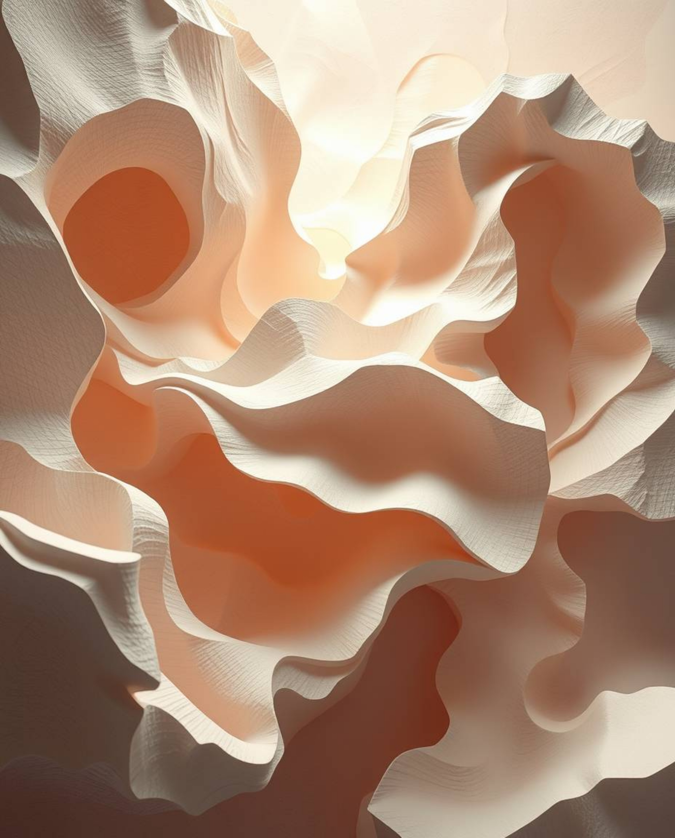 This artwork presents a stunning 3D render featuring layered papier-mâché abstract shapes, enhanced with captivating glitch e