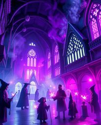 A captivating image depicting a futuristic magical school brimming with young wizards.  Rendered in deep ultraviolet and vivi