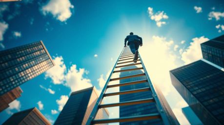 A captivating macro close-up featuring a businessperson ascending a transparent ladder that seemingly vanishes into the blue 
