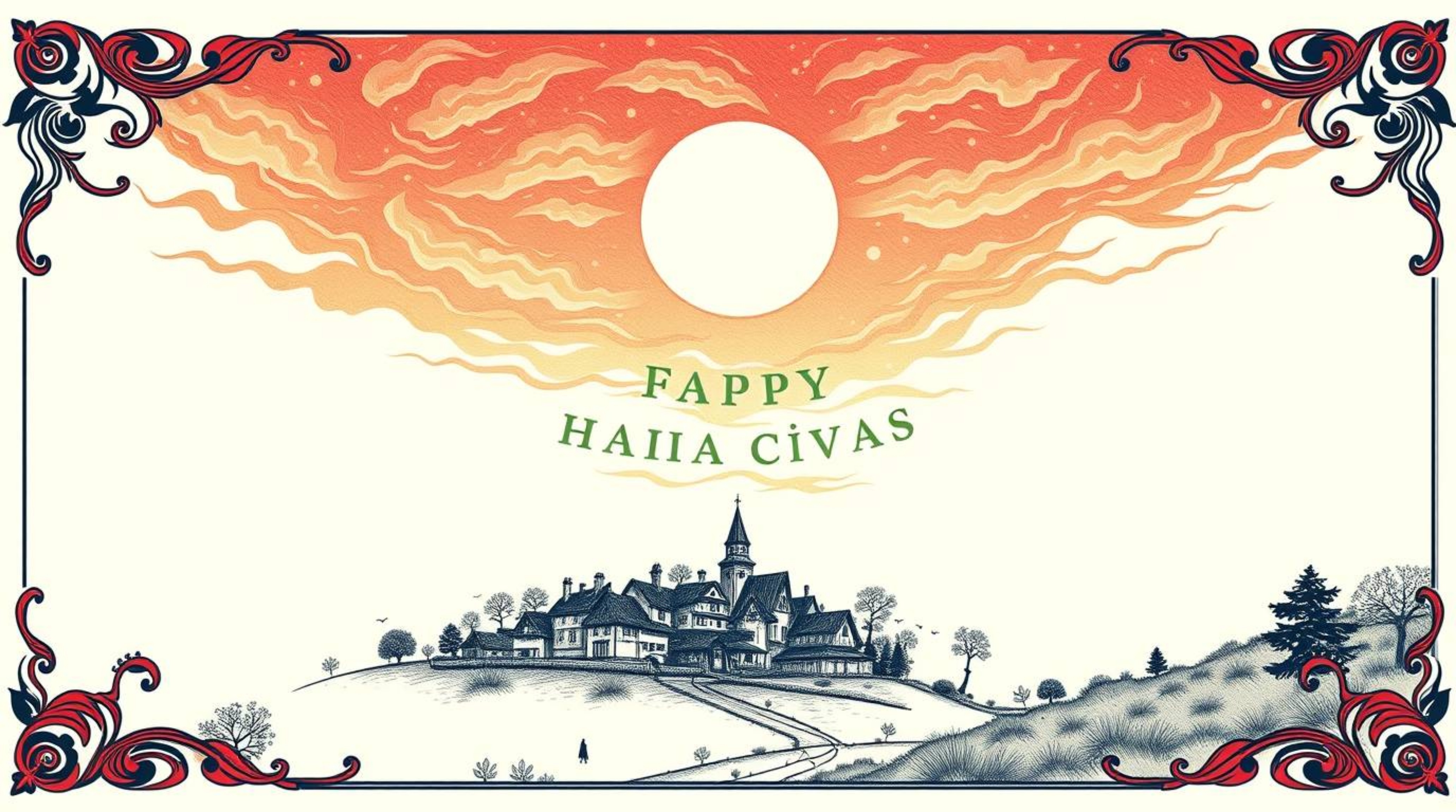 This art print features a symbolic, traditional tattoo-style depiction of a cozy village nestled in a valley beneath a vibran
