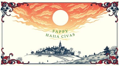 This art print features a symbolic, traditional tattoo-style depiction of a cozy village nestled in a valley beneath a vibran