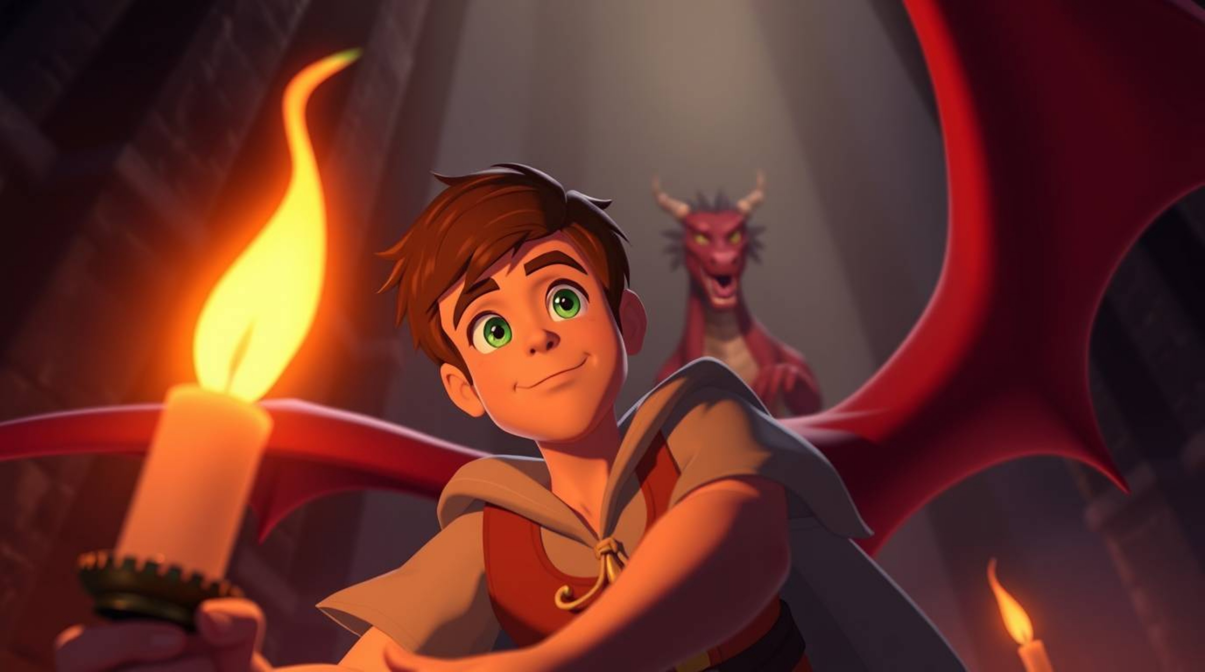 A captivating image depicting a charming prince with brown hair and green eyes bravely battling a fearsome red dragon.  Rende