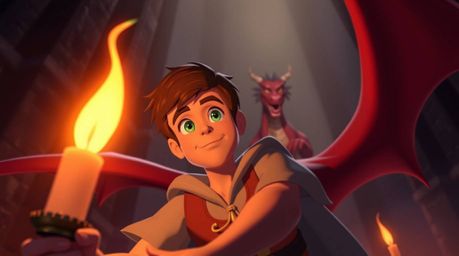 A captivating image depicting a charming prince with brown hair and green eyes bravely battling a fearsome red dragon.  Rende