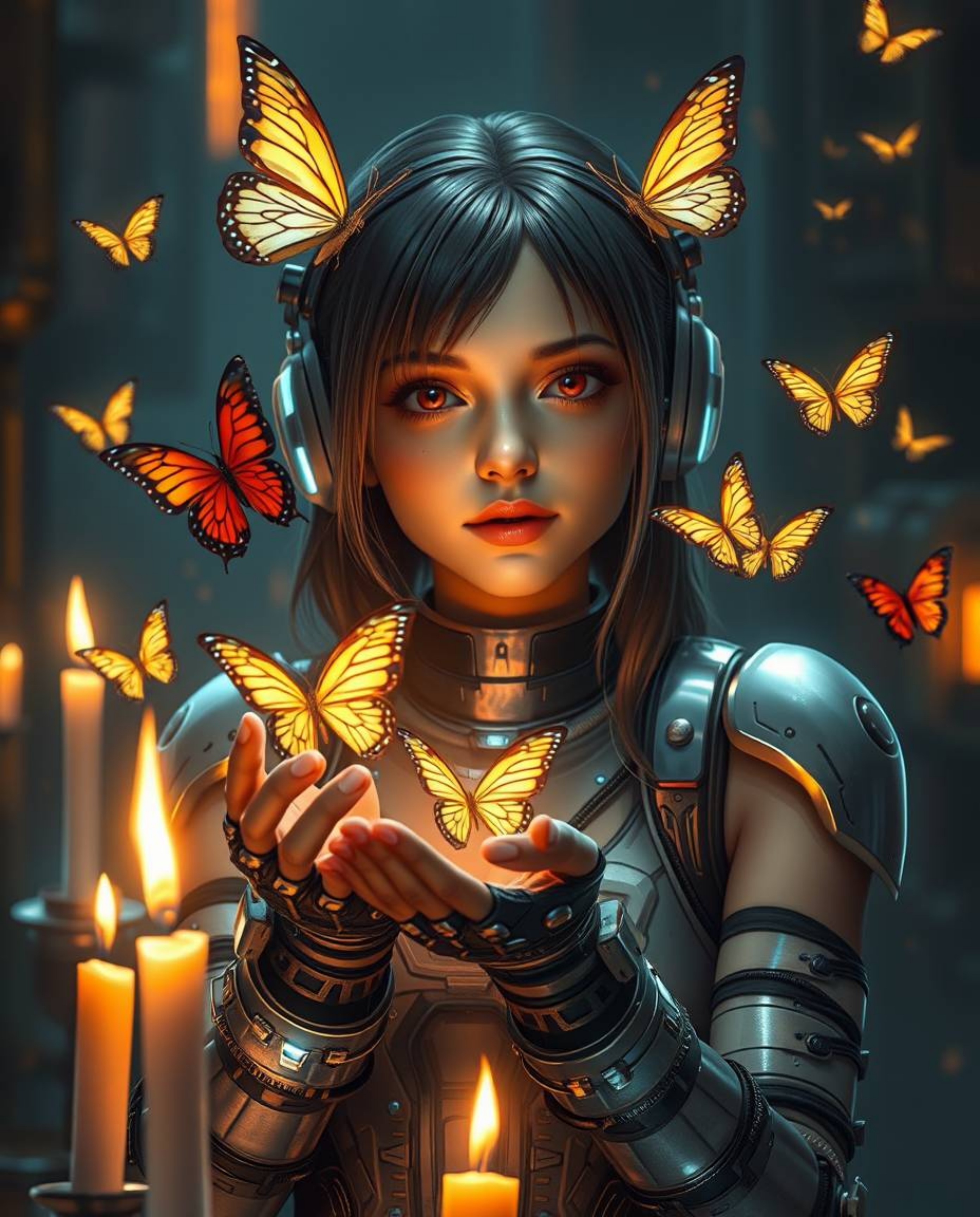 A captivating sci-fi scene depicts a girl with futuristic cybernetic enhancements gently releasing butterflies into the air. 
