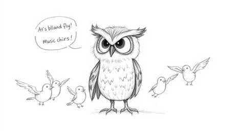 A whimsical hand-drawn sketch in the style of Pixar portrays a blind owl, its feathery texture rendered with rough pencil str