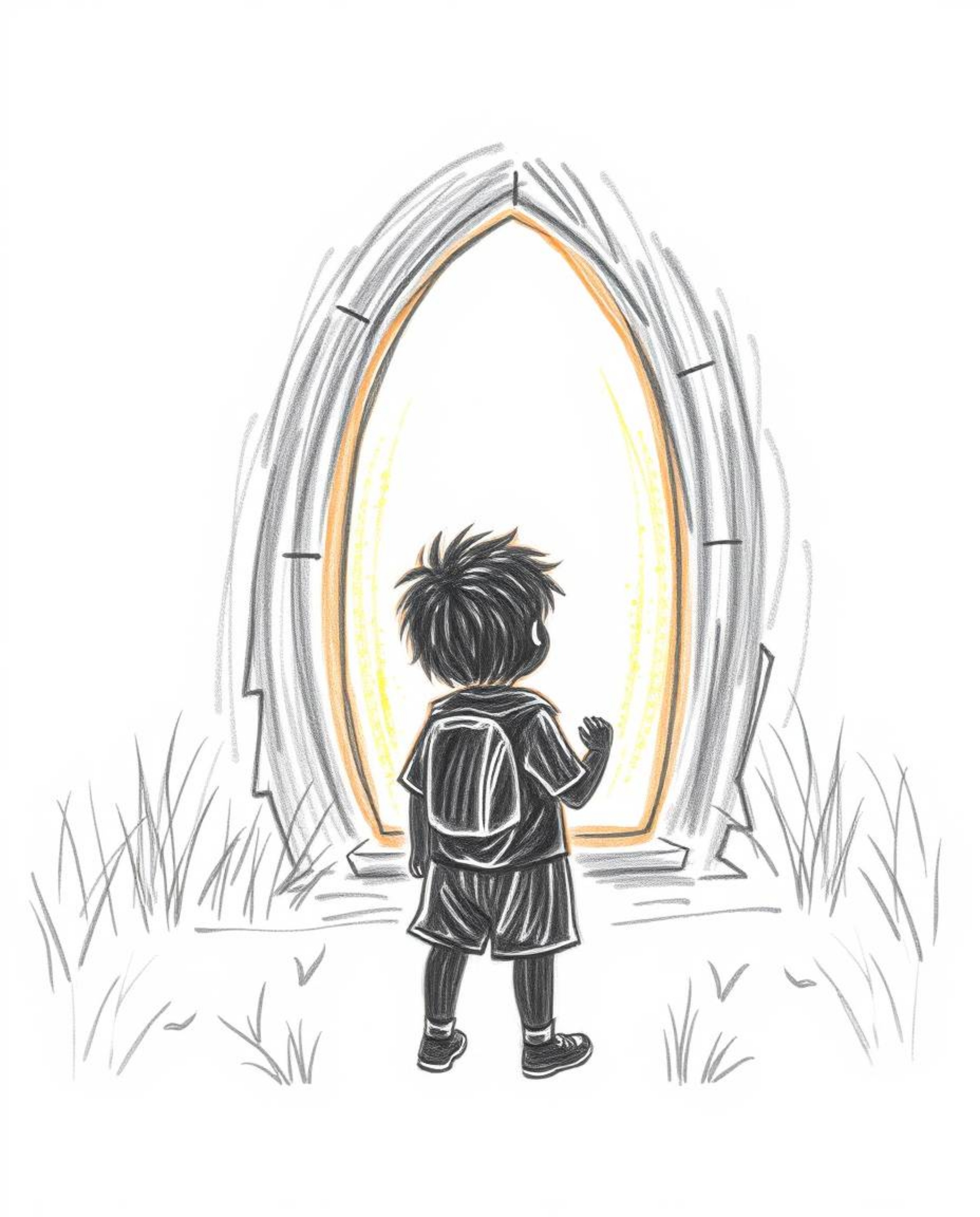 A captivating hand-drawn sketch depicting a child's silhouette discovering a glowing, magical portal in their backyard.  The 