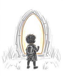 A captivating hand-drawn sketch depicting a child's silhouette discovering a glowing, magical portal in their backyard. The