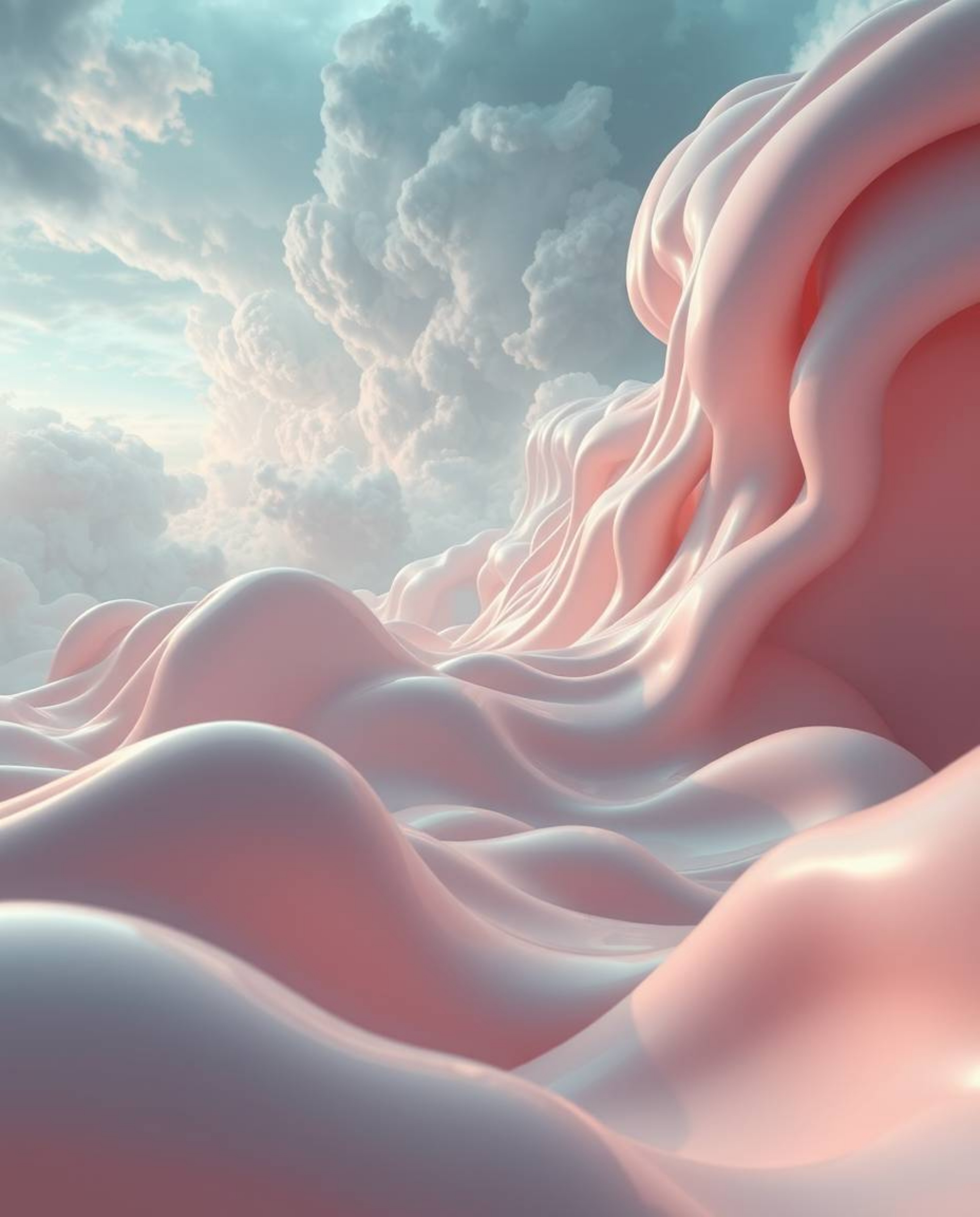 This captivating image showcases an epic and grand scene featuring abstract 3D liquid forms rendered in soft pastel colors. A