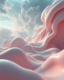 This captivating image showcases an epic and grand scene featuring abstract 3D liquid forms rendered in soft pastel colors. A