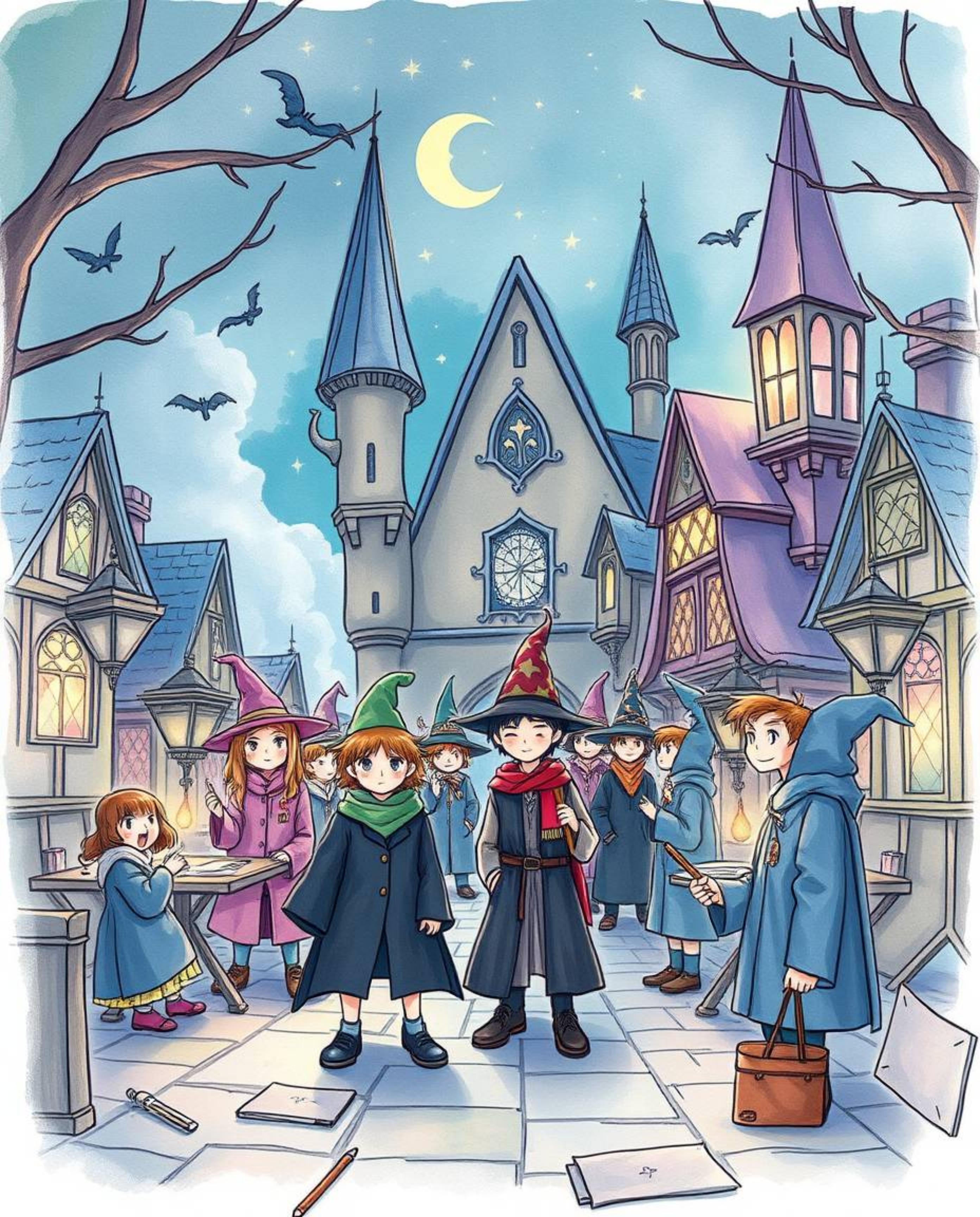 A whimsical hand-drawn color sketchnote illustration depicts a magical school brimming with young wizards within a mystic and