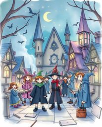 A whimsical hand-drawn color sketchnote illustration depicts a magical school brimming with young wizards within a mystic and