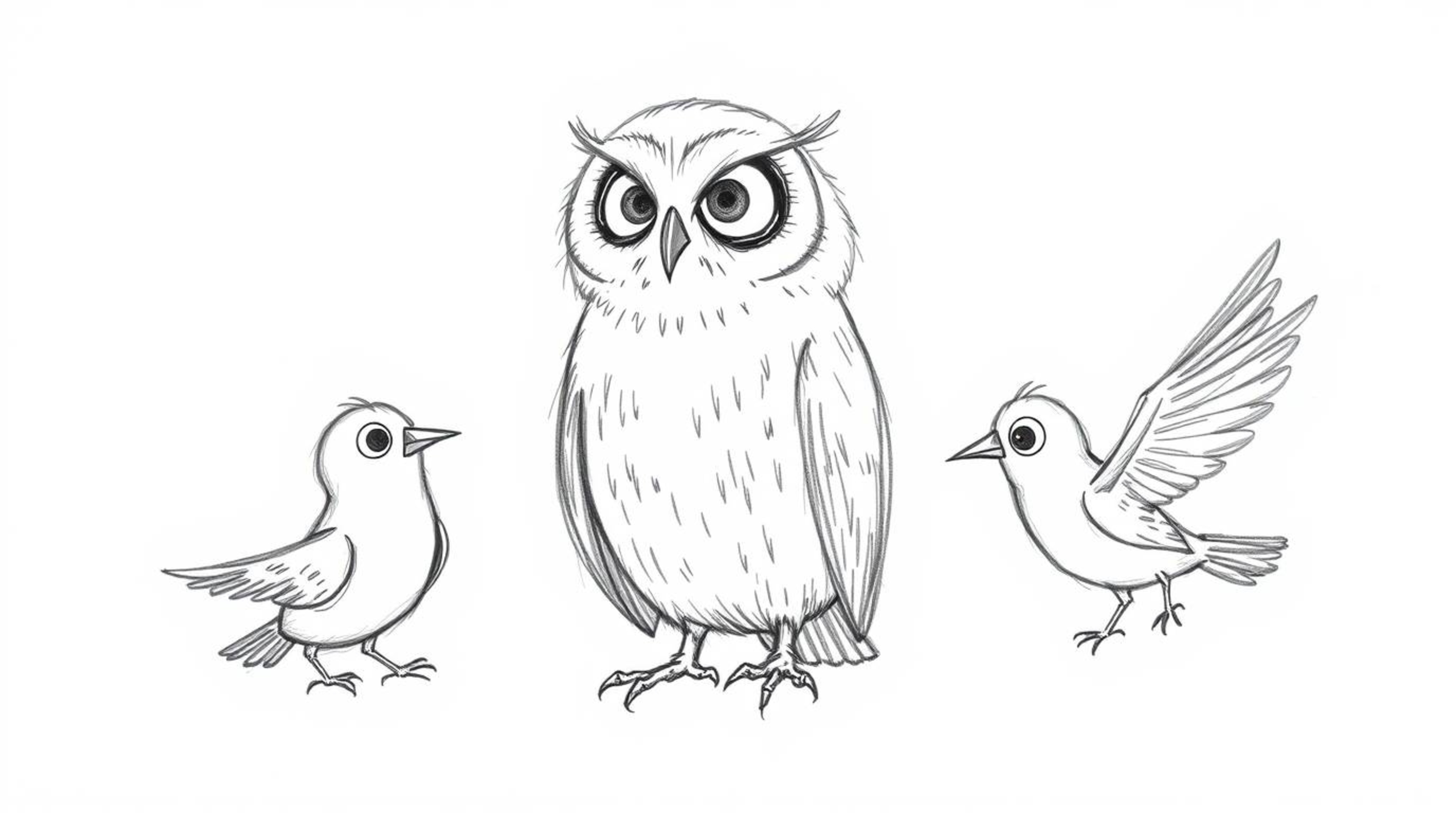 A charming hand-drawn sketch in the style of Pixar depicts a blind owl with soft, textured pencil strokes against a clean whi