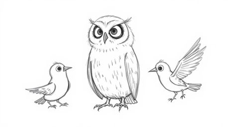 A charming hand-drawn sketch in the style of Pixar depicts a blind owl with soft, textured pencil strokes against a clean whi