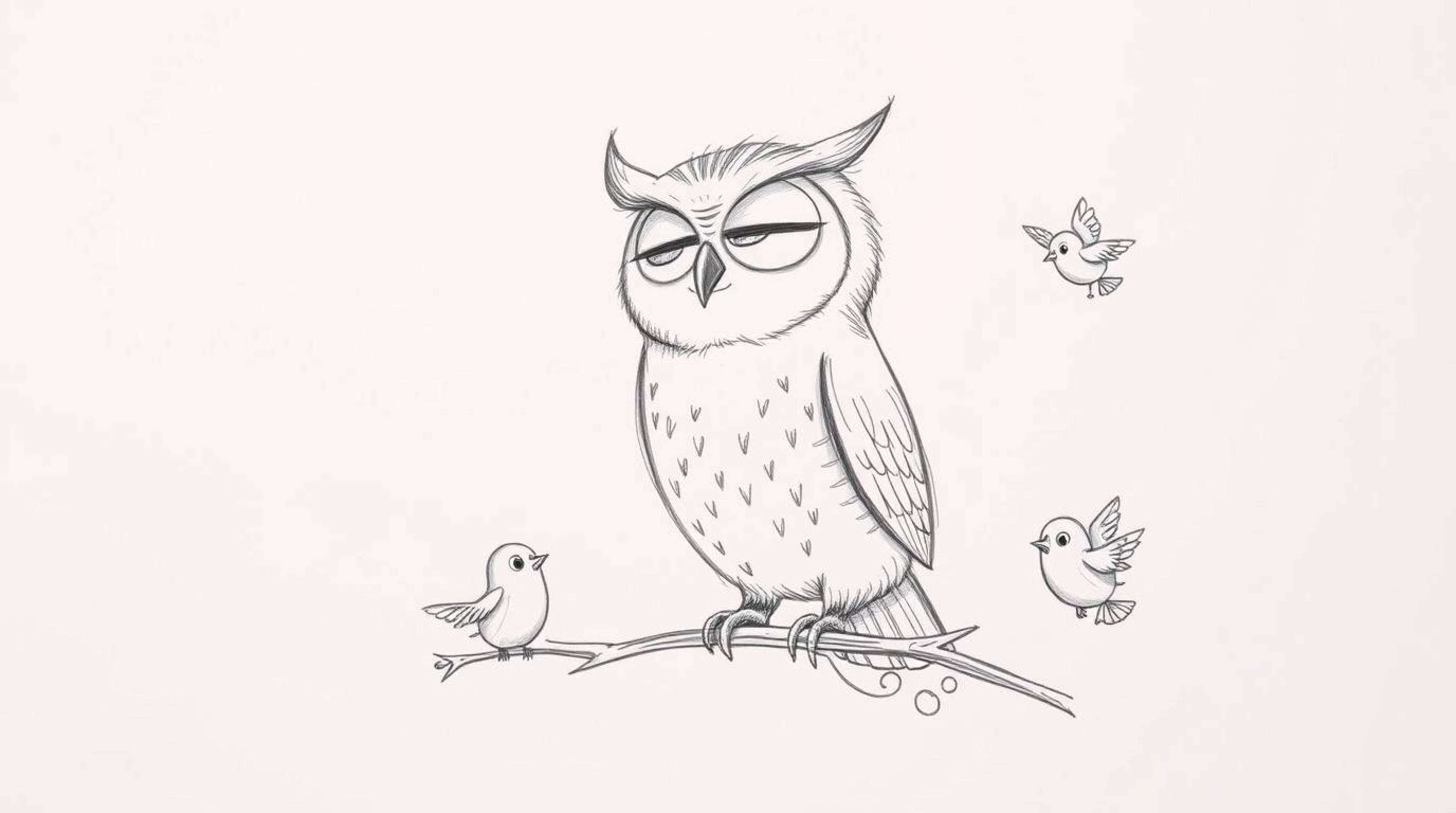 A charming hand-drawn sketch in the style of Pixar depicts a kind, blind owl with soft features patiently teaching small bird