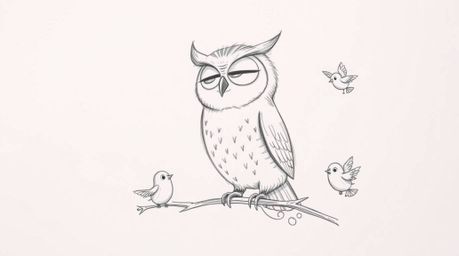 A charming hand-drawn sketch in the style of Pixar depicts a kind, blind owl with soft features patiently teaching small bird