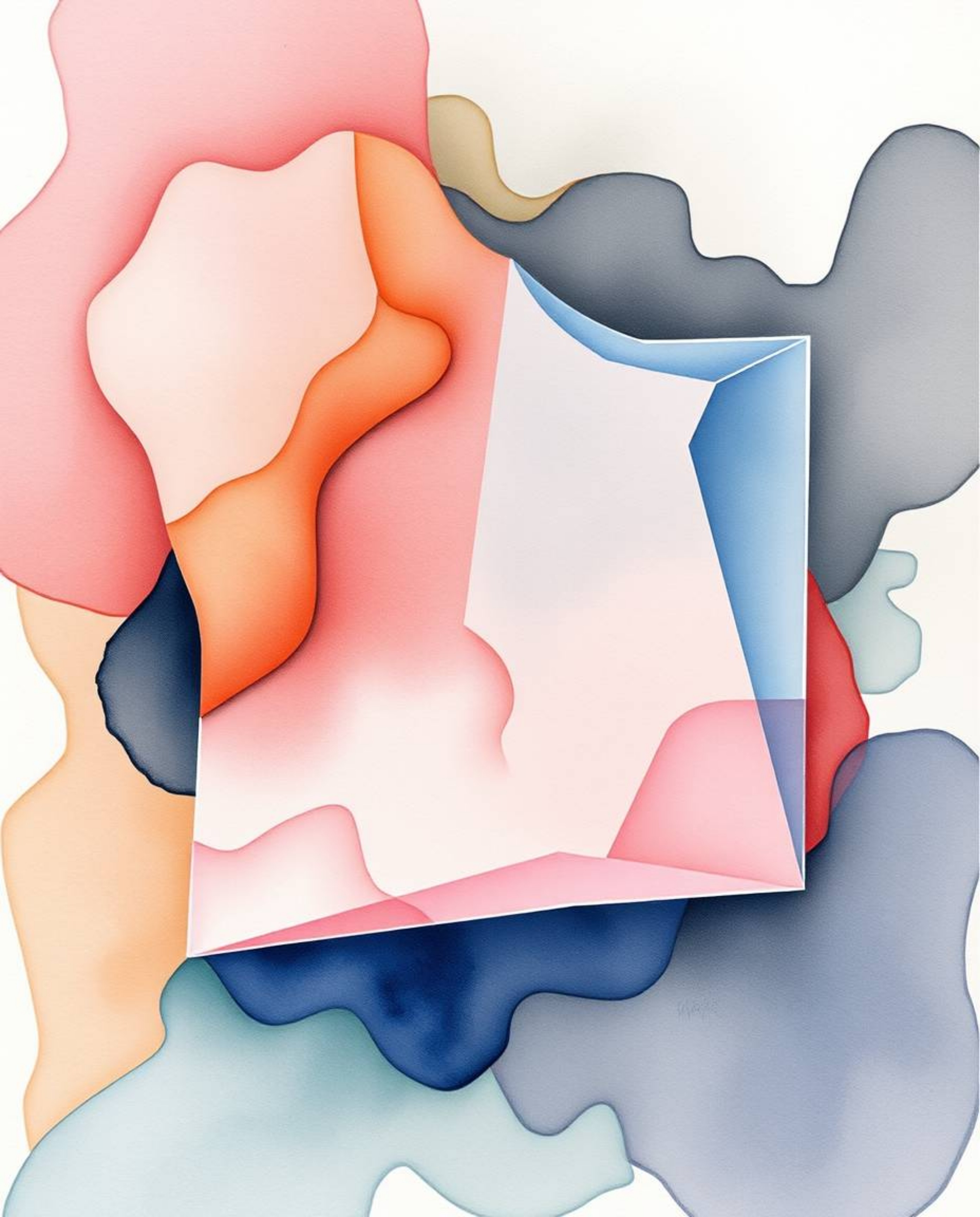 This collection features delicate watercolor paintings rendered in a strong, moody style.  Each piece explores an abstract co