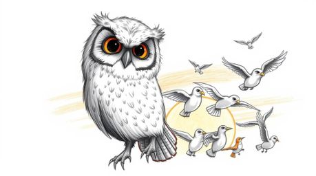 A heartwarming hand-drawn sketch in the style of Pixar, depicting a wise, blind owl with soft, feathery textures guiding a di