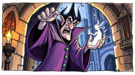 A captivating hand-drawn color sketchnote style illustration showcasing a classic Disney villain with exaggerated features, p