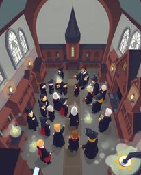 This captivating illustration presents a magical school teeming with young wizards, viewed from a striking high-angle perspec