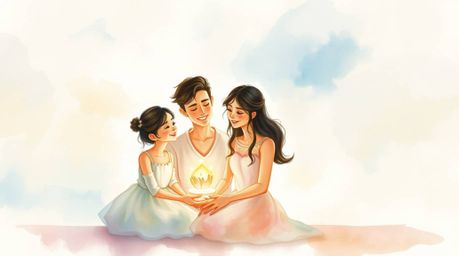 Experience a heartwarming and ethereal family reunion rendered in a delicate watercolor style reminiscent of Pixar. This pain