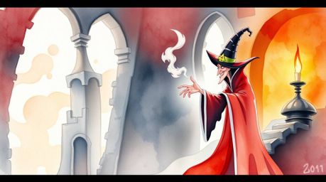 A delicate watercolor painting captures a classic Disney villain in the midst of casting a spell within the ancient walls of 