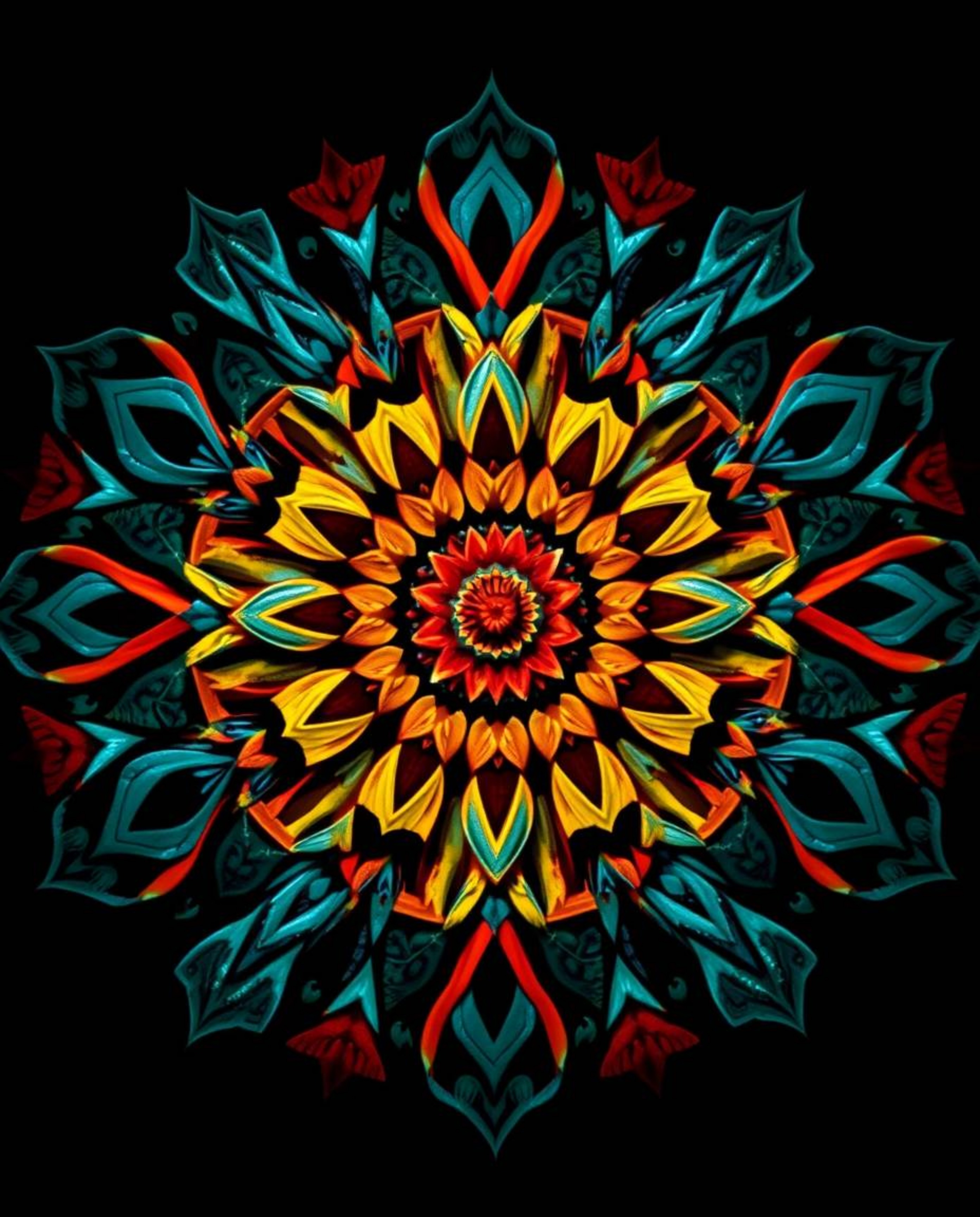 This striking geometric floral mandala photograph features a mesmerizing symmetrical design brought to life with vibrant colo