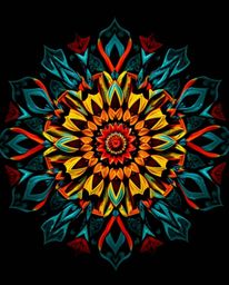 This striking geometric floral mandala photograph features a mesmerizing symmetrical design brought to life with vibrant colo