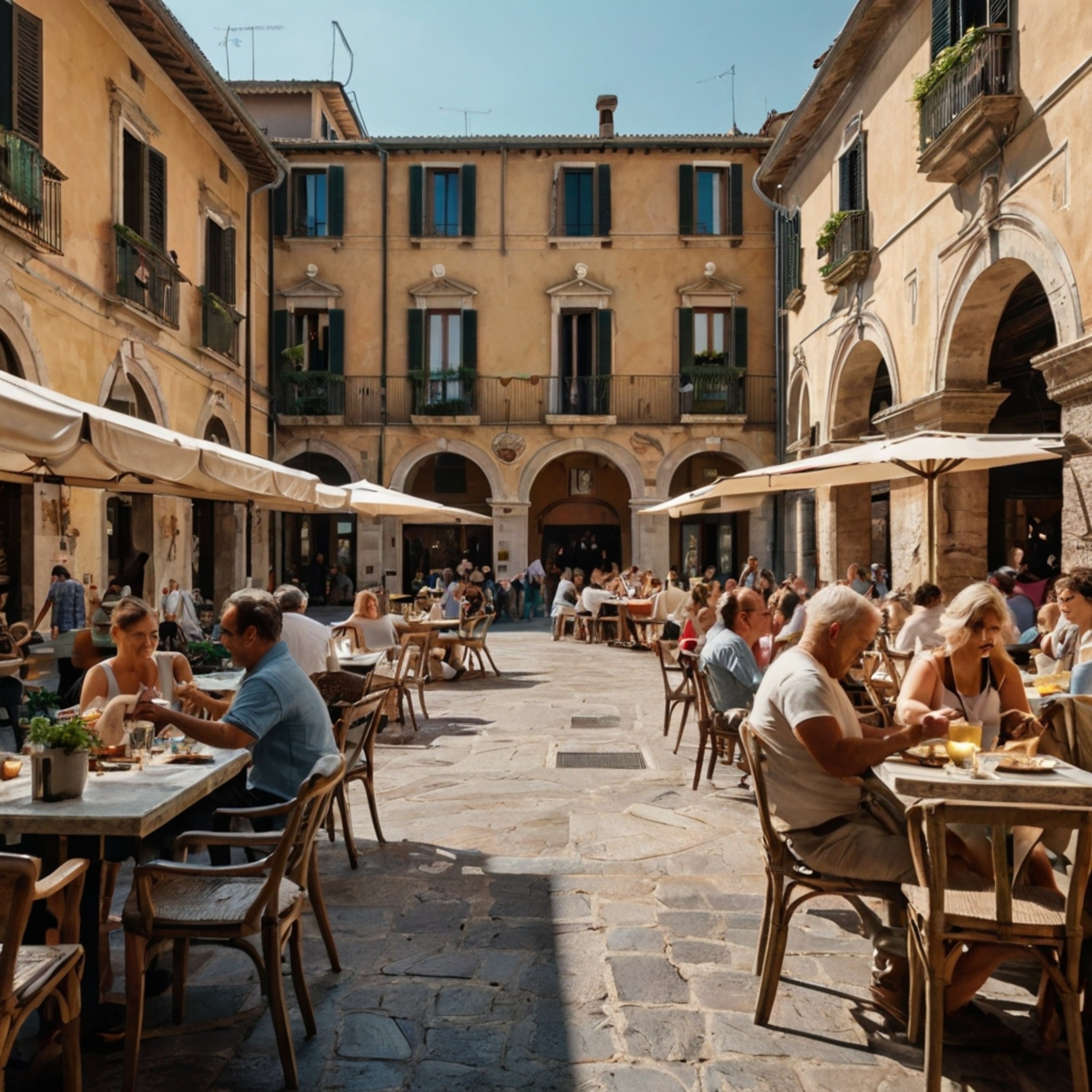Imagine a vibrant and bustling Italian piazza, characterized by its impressive stone buildings and a beautifully ornate fount