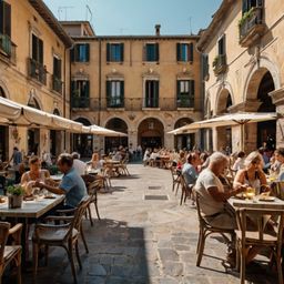 Imagine a vibrant and bustling Italian piazza, characterized by its impressive stone buildings and a beautifully ornate fount
