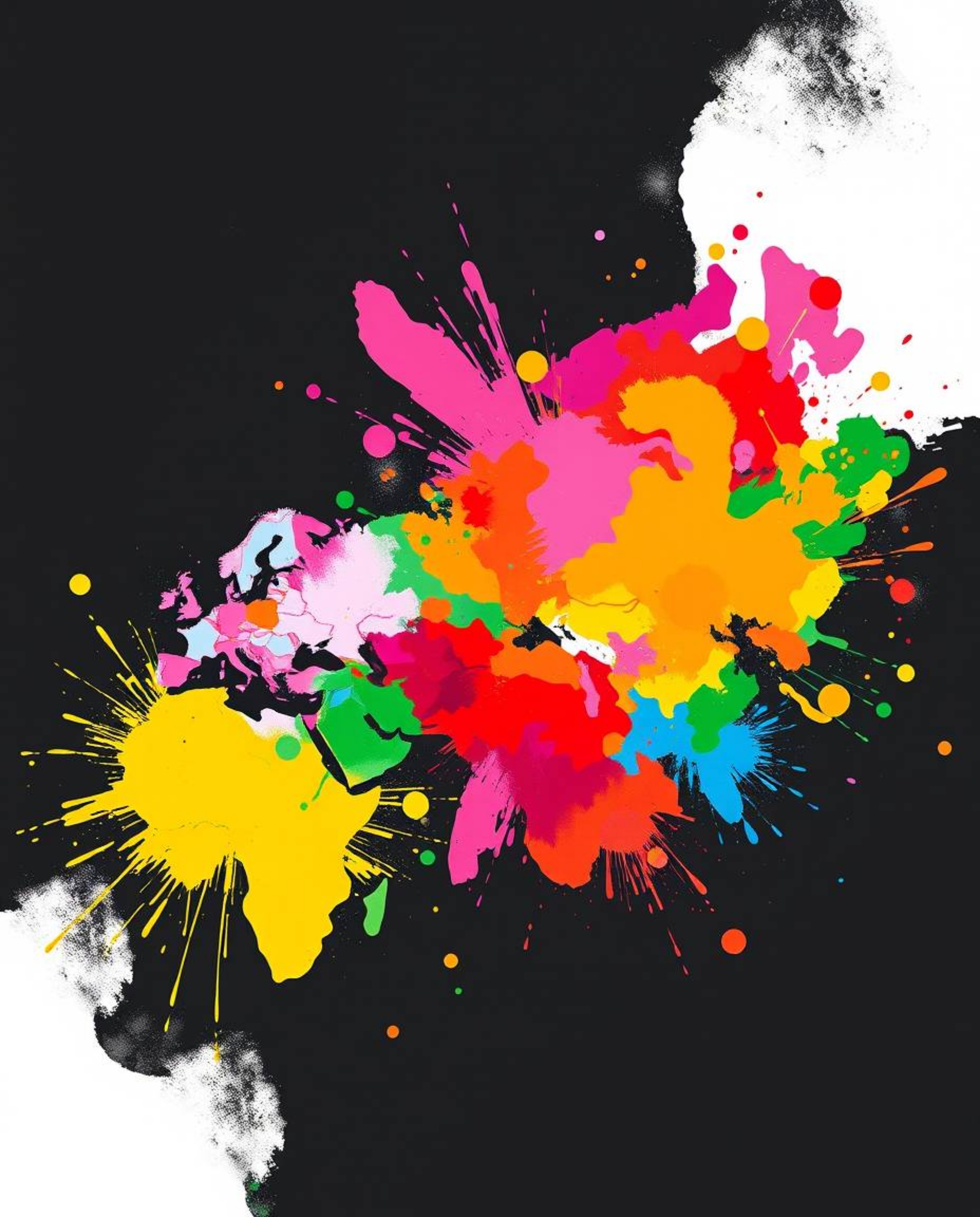 Explore the world with this vibrant abstract art piece featuring a world map formed from bright, complementary colors and con
