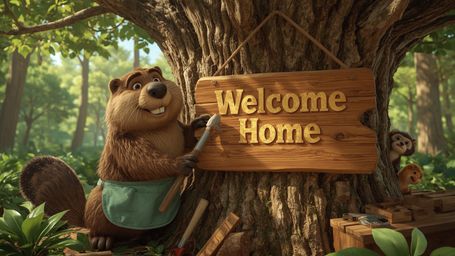 A highly detailed, high-resolution stock photo of a cheerful, anthropomorphic beaver in a lush, vibrant forest, busily constr