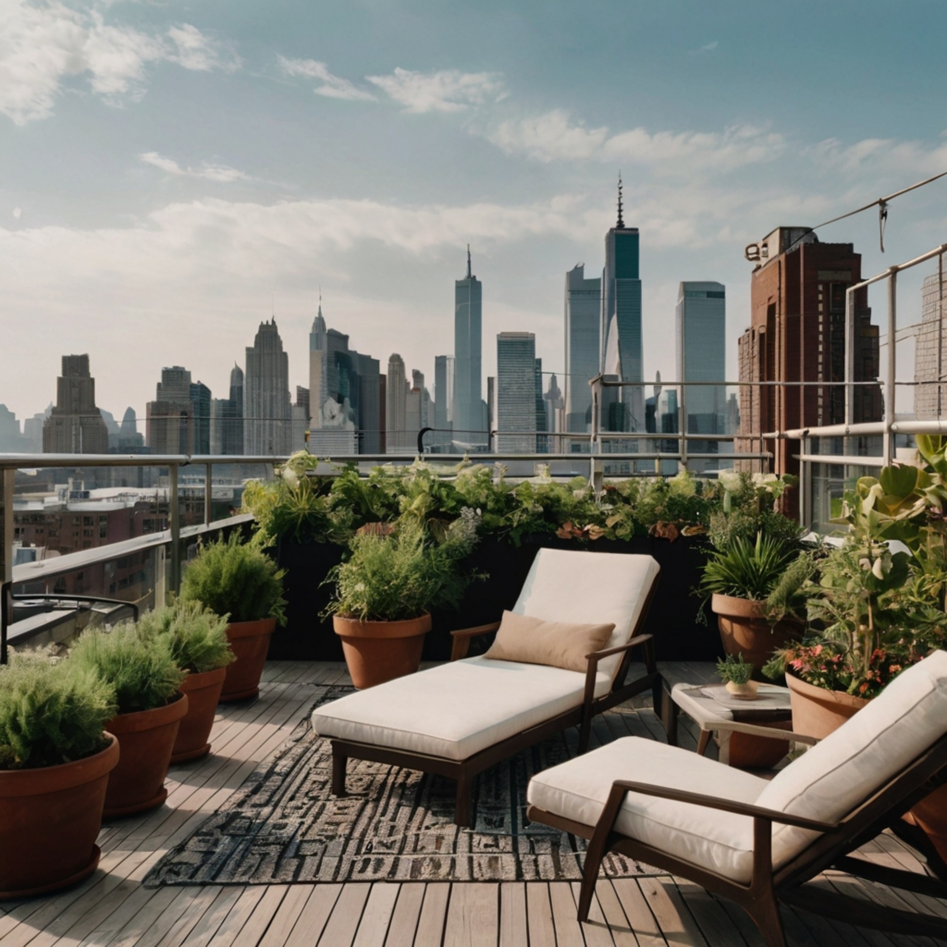 Escape to a chic urban oasis with our rooftop garden. Relax on stylish lounge chairs surrounded by lush potted plants, all wh