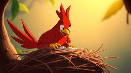 A charming close-up showcases two cartoon birds meticulously constructing their nest in a classic animation style. The warm