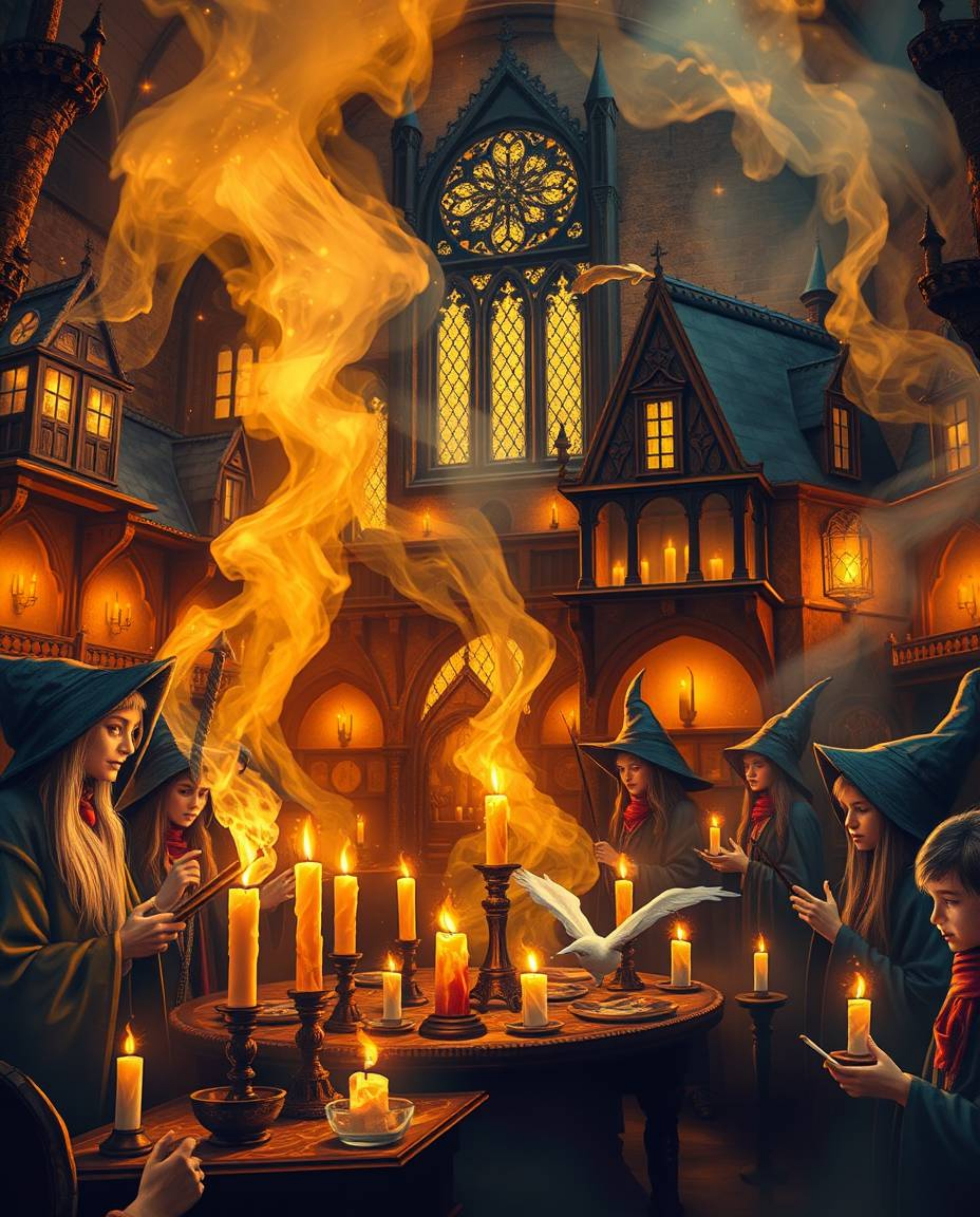 Immerse yourself in the enchanting atmosphere of a magical school teeming with young wizards. Warm candlelight casts a soft g