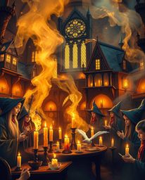 Immerse yourself in the enchanting atmosphere of a magical school teeming with young wizards. Warm candlelight casts a soft g