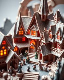 Explore a fantastical world through extreme macro close-up, revealing an intricate origami-style magical school teeming with 