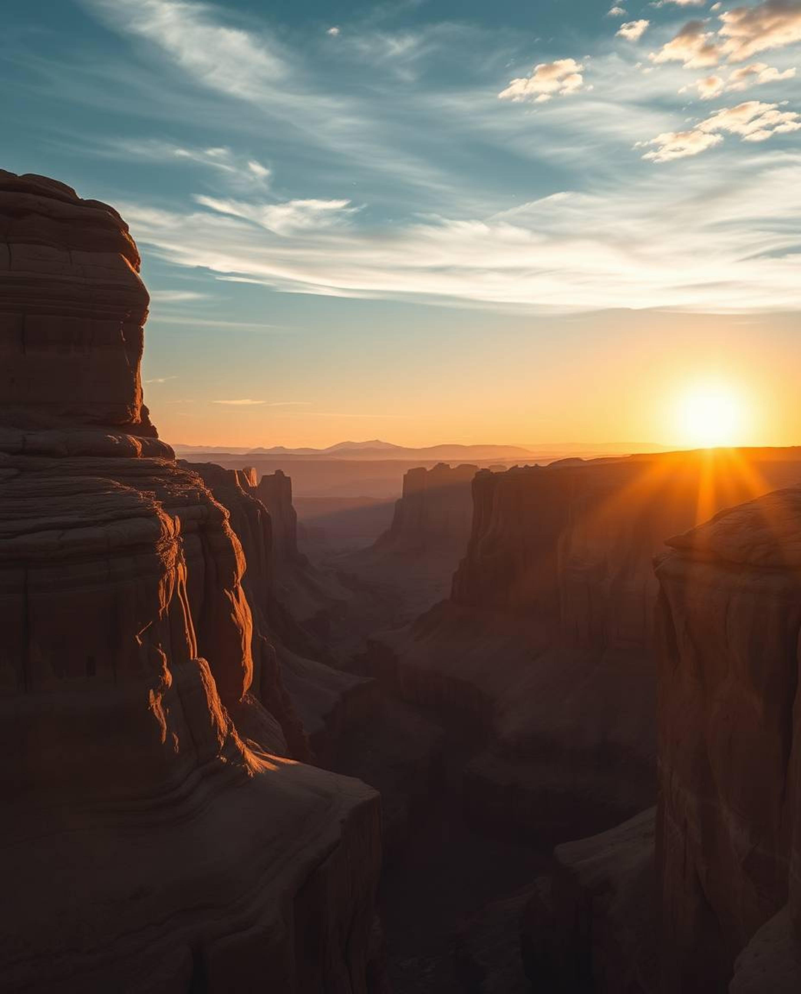 This is an epic, modern, and grand scene depicting a sunset illuminating sandstone cliffs in a canyon. The artwork conveys a 