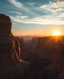 This is an epic, modern, and grand scene depicting a sunset illuminating sandstone cliffs in a canyon. The artwork conveys a 