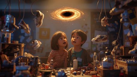 In a vibrant, whimsical photograph reminiscent of Pixar's storytelling style, a dynamic science fair duo stands amidst a clut