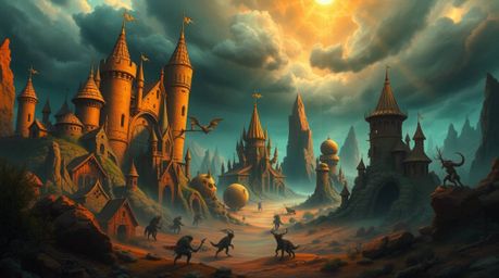 Explore a captivating fantasy kingdom brimming with quirky magical creatures, bathed in a mesmerizing blend of warm terracott