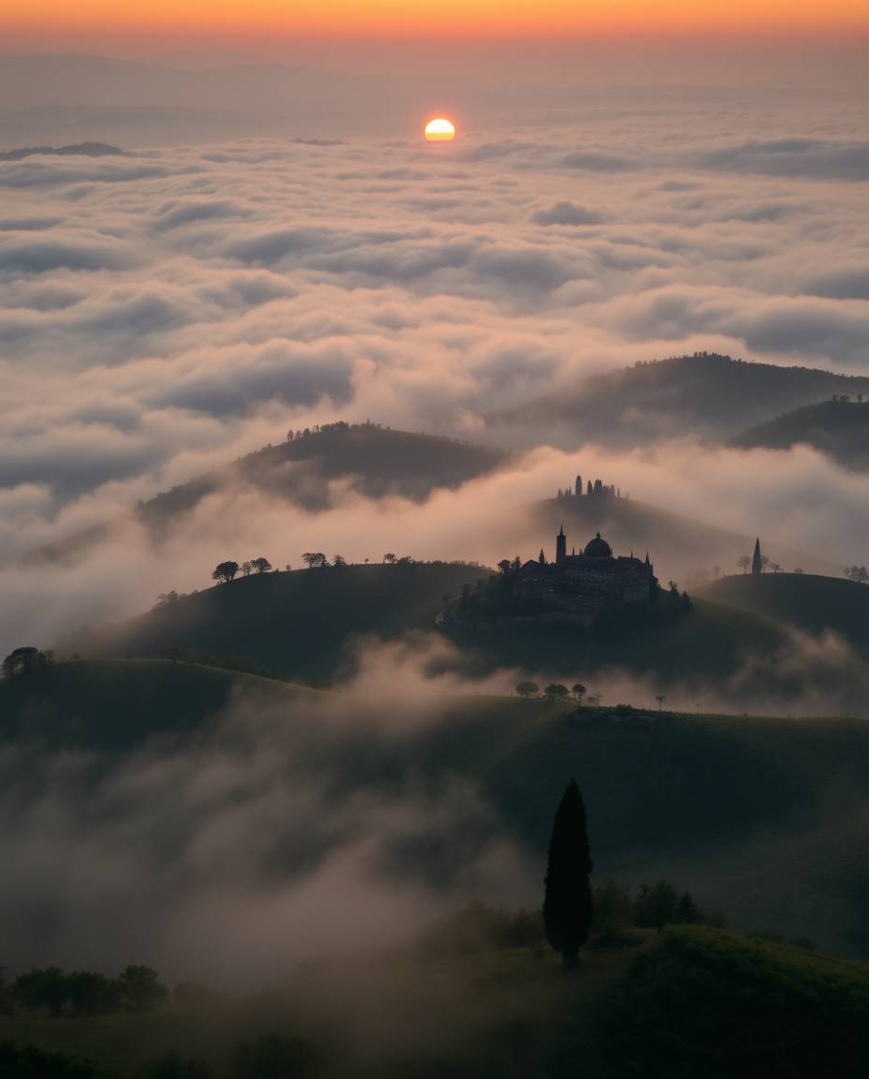 Fine art photograph: Overhead bird's-eye view of a sunset over misty Tuscan hills. Soft contrast and saturation. Associated P