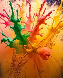 A stunning professional photograph capturing a massive, heroic scene of colorful paint frozen mid-air. This high-speed camera