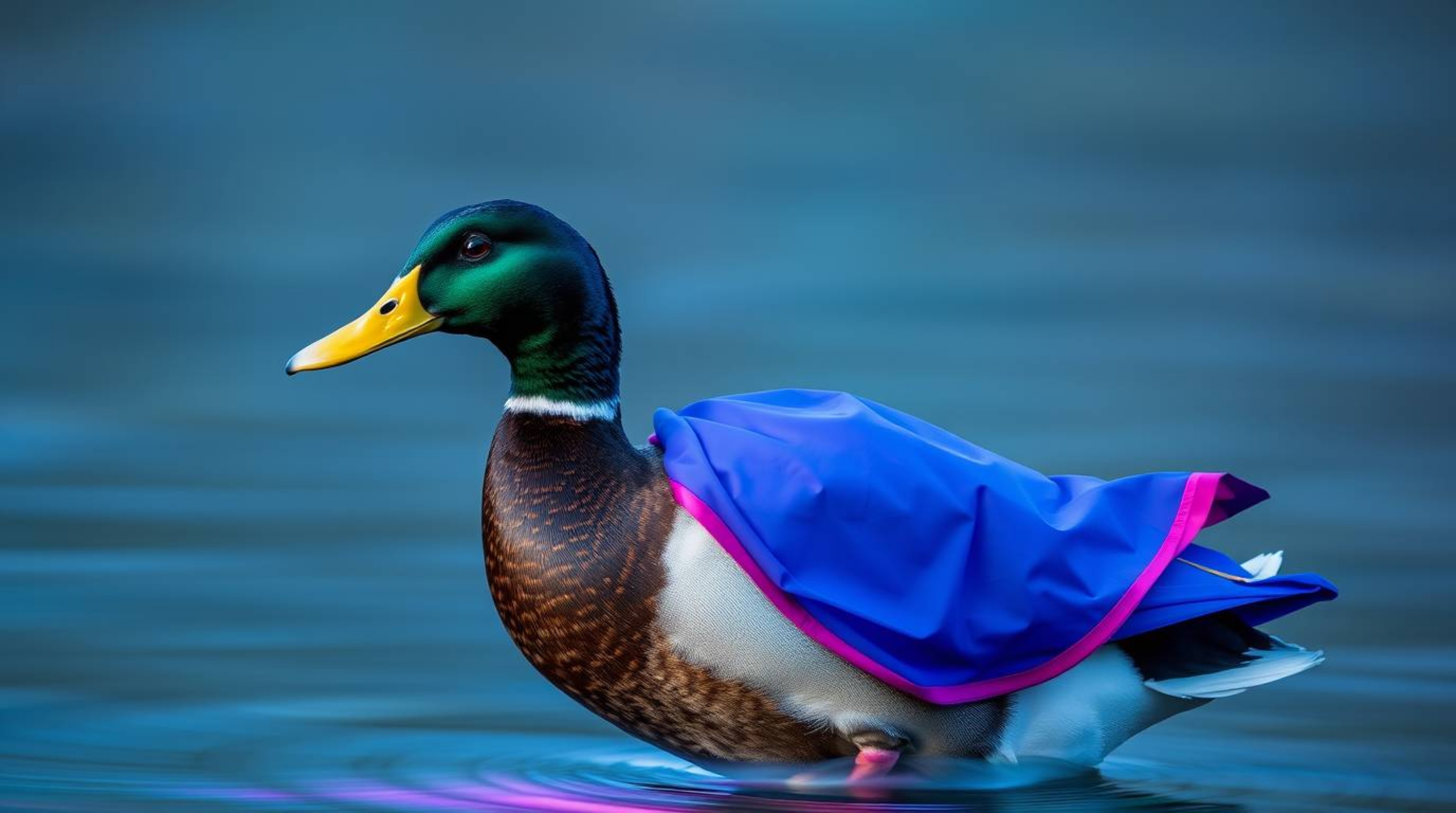 Capture the whimsical essence of a duck donning a zany superhero costume in a cool-colored long exposure photograph. This ima